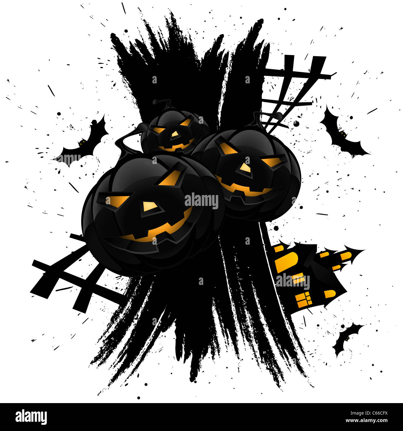 Grungy Halloween background with pumpkins bats and house isolated on ...