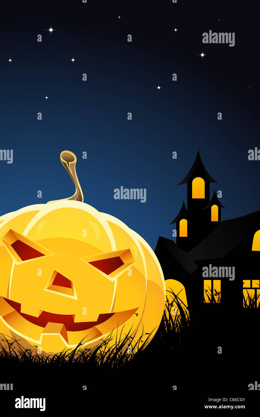 Halloween night background with pumpkin grass and house Stock Photo - Alamy