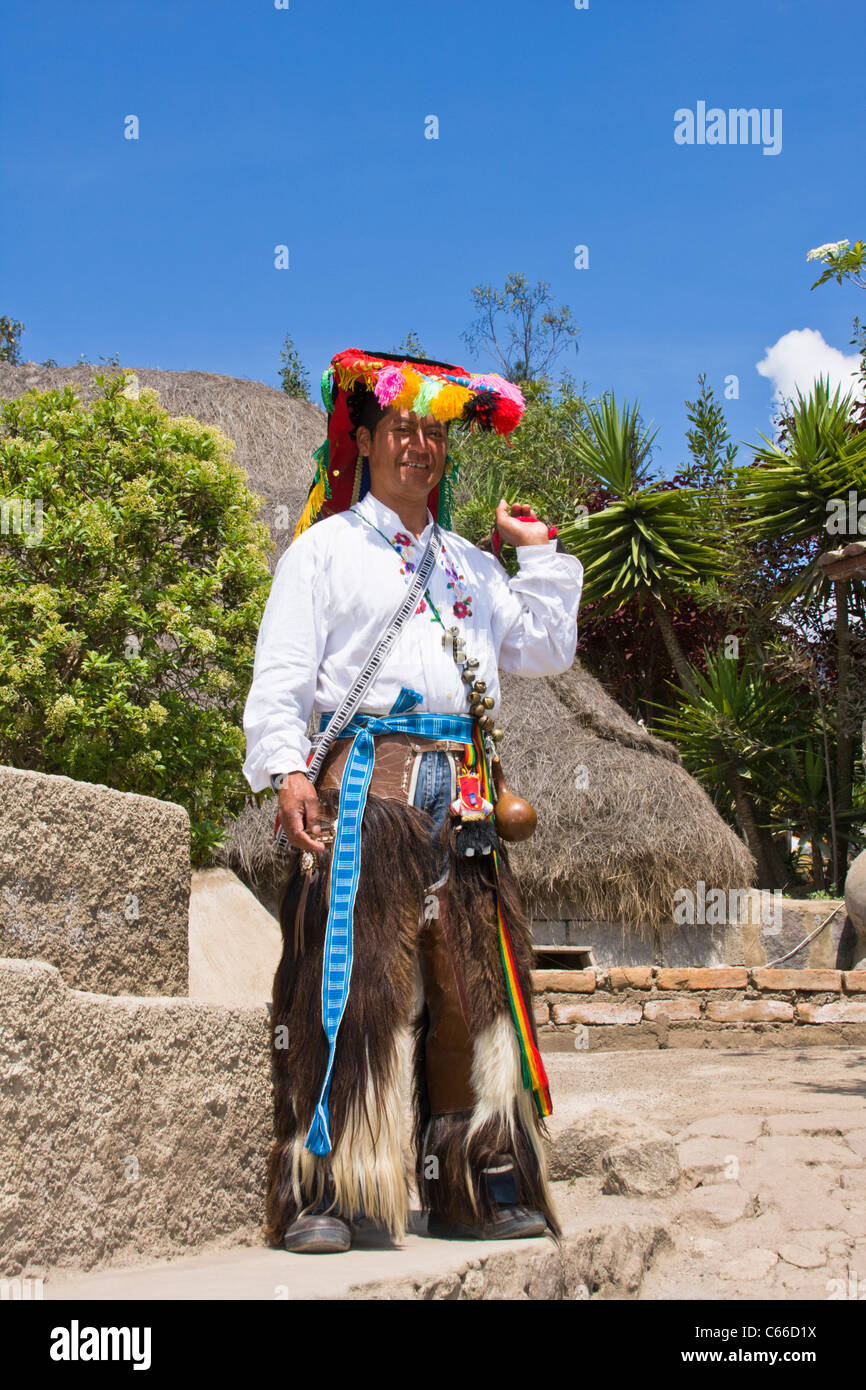 Ecuadorian native in El Diablo costume at 'Museo de Sitio Intinan' equator museum near Quito, Ecuador. Stock Photo