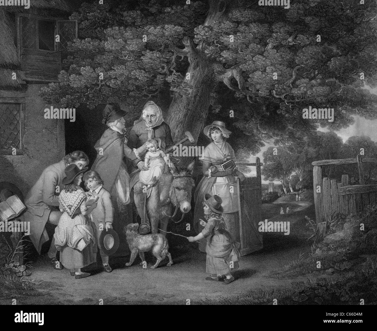 Sunday morning, a cottage family going to church, circa 1800 Stock Photo