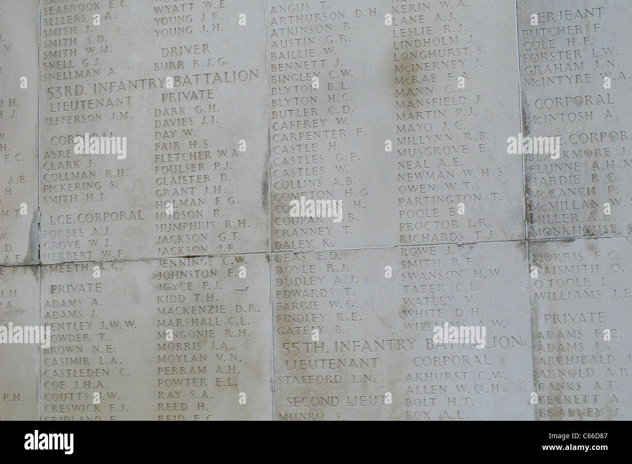 Wall showing the names of soldiers who died in battle at the Australian National Memorial in Northern France Stock Photo