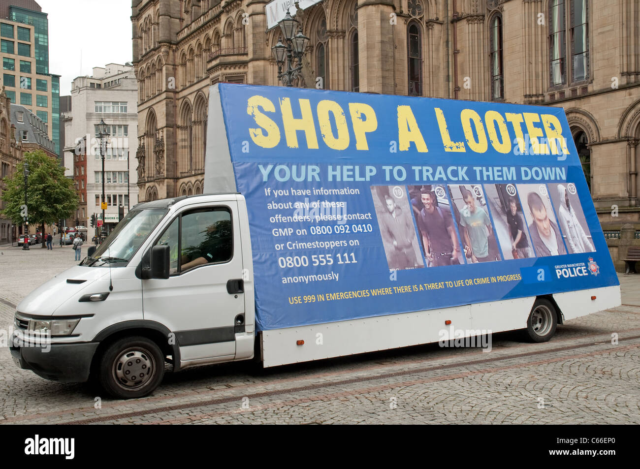 The aftermath of the August 2011 riots.Shop a Looter campaign vehicle parked in front of Manchester Town Hall,Albert Square. Stock Photo