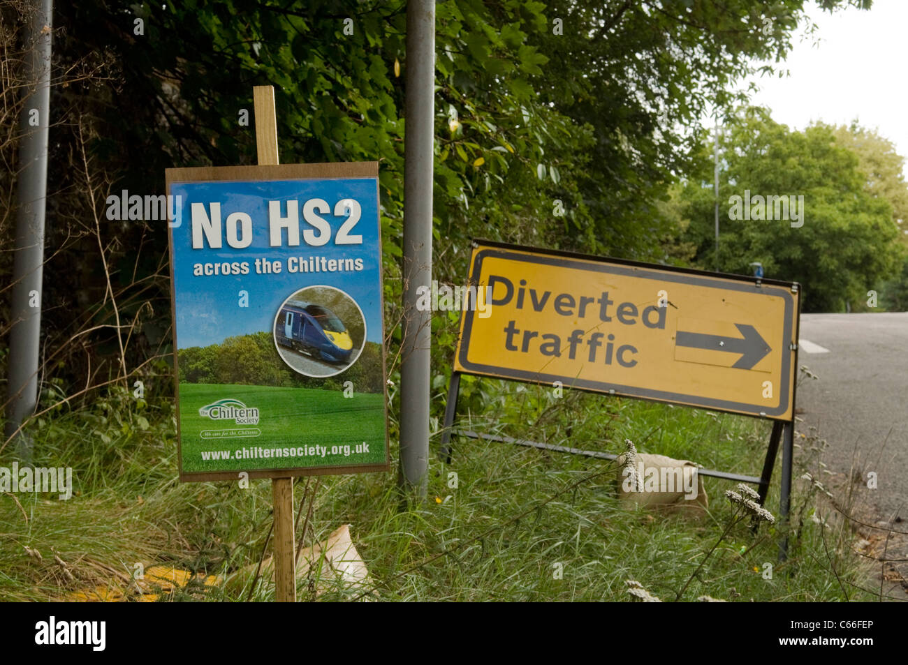 Roadside verge no HS2 and diverted traffic sign in Chalfont St Giles Bucks UK Stock Photo