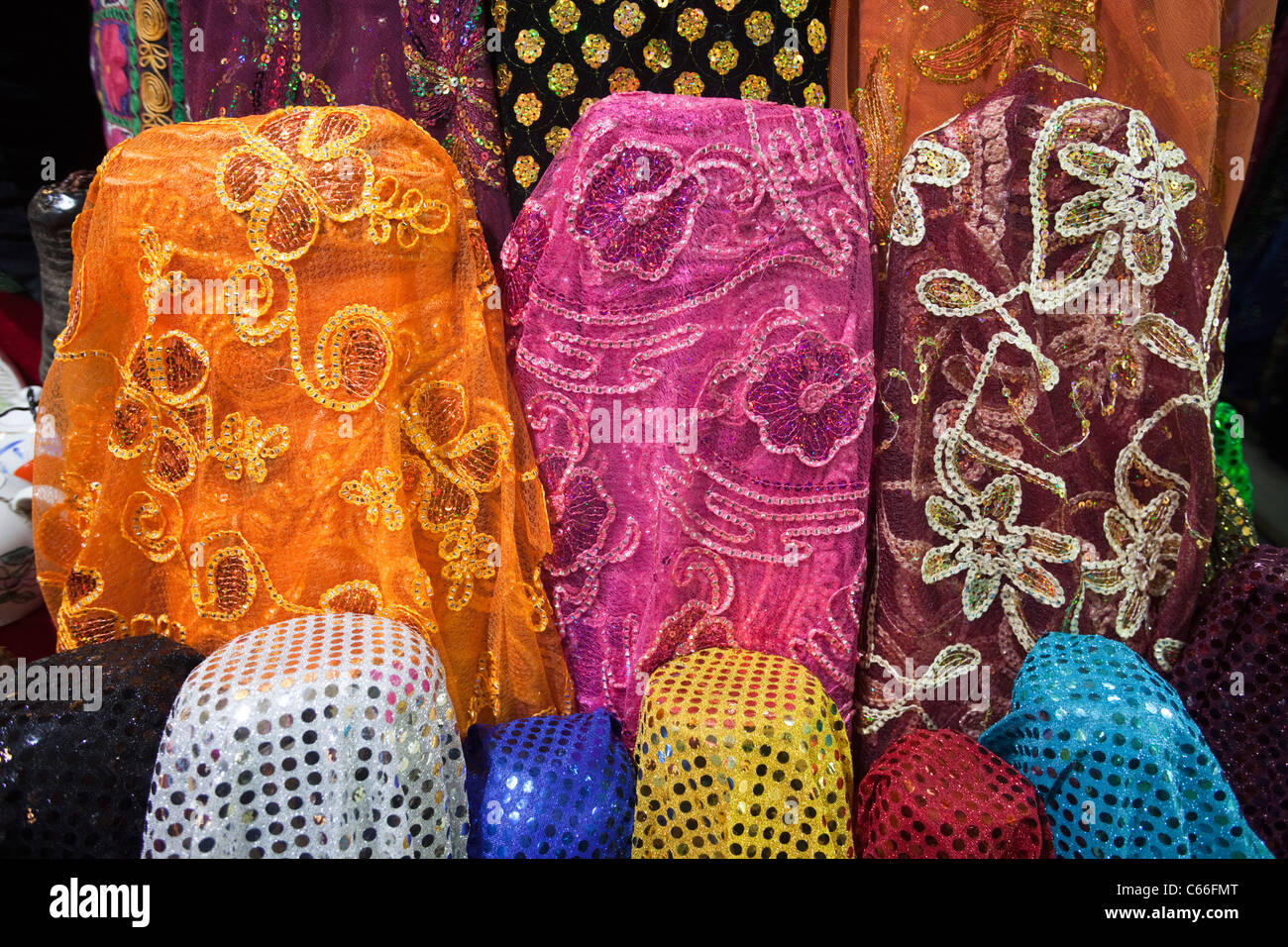 Turkey, Istanbul, Sultanahmet, Grand Bazaar, Fabric Shop Display Stock
