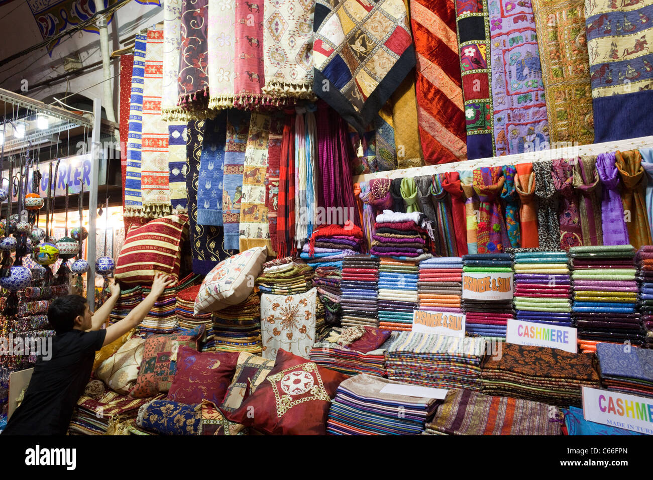 Turkey, Istanbul, Sultanahmet, Grand Bazaar, Fabric Shop Display Stock