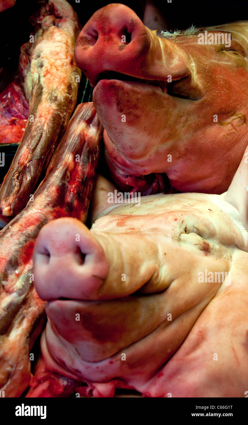 Pigs Heads and Ox Tails in a meat display Stock Photo