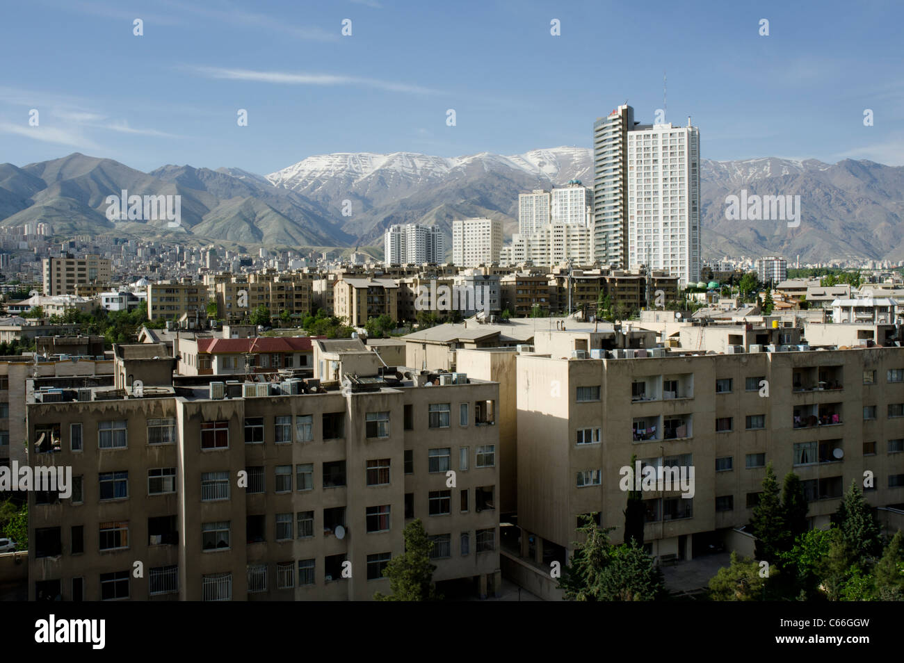 View of north of Tehran and the Alborz mountains from an apartment in Shahrak-e Gharb in North west of Tehran Stock Photo