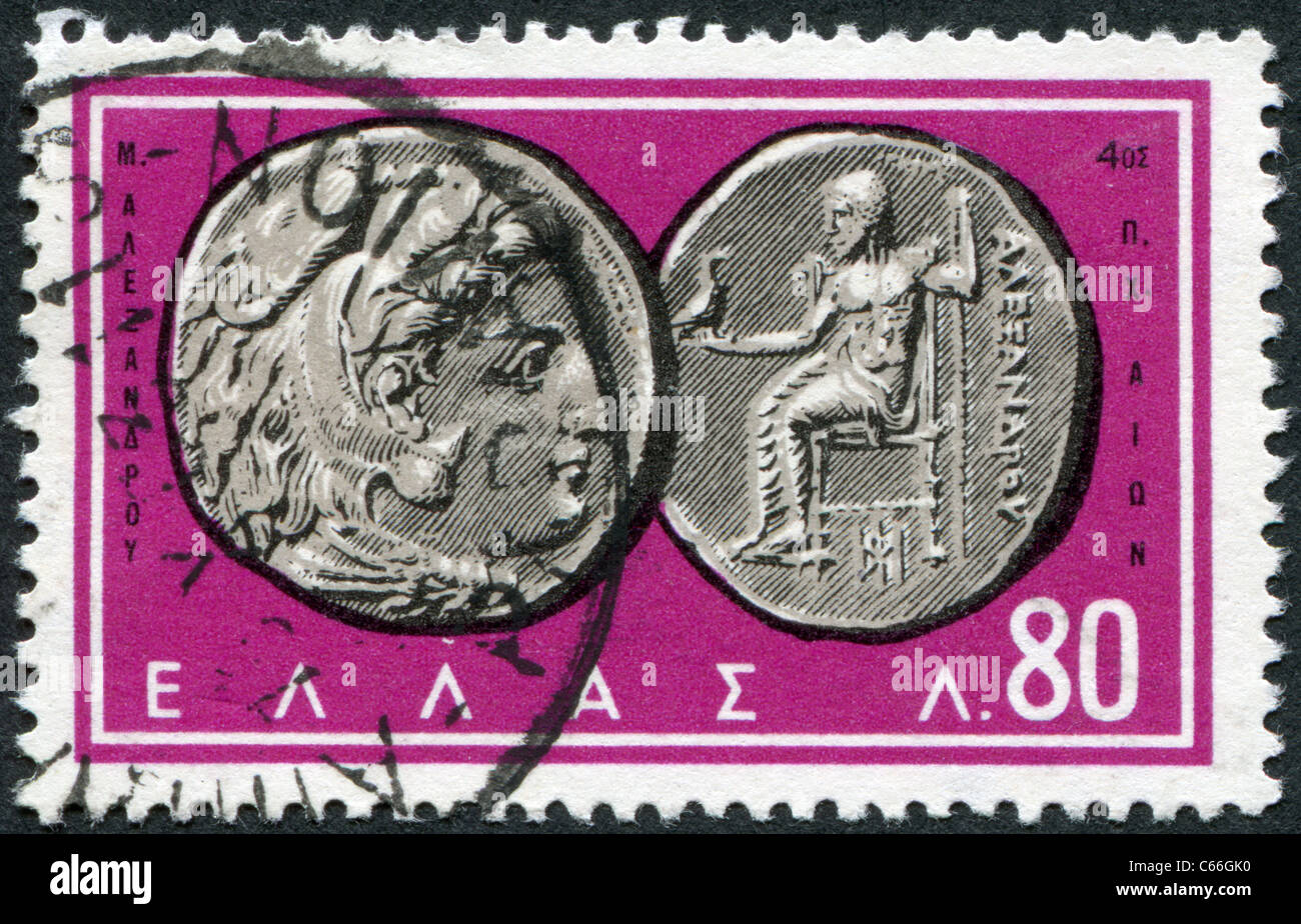 GREECE - 1963: A stamp printed in Greece, shows the ancient Greek coins, Alexander the Great, Zeus, Hercules Stock Photo