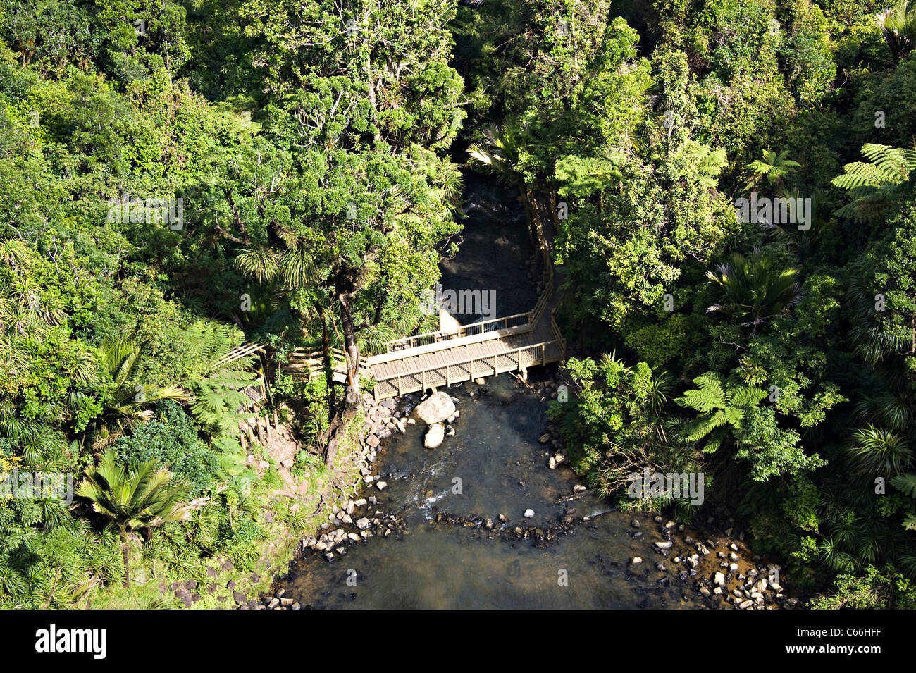 Bridge Over the Pakoka River Beneath Bridal Veil Falls in Waireinga Scenic Reserve Makomako Waikato North Island New Zealand Stock Photo