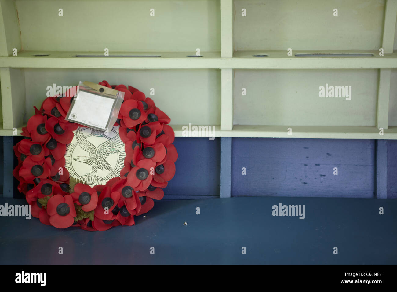 11/11/1918 Remembrance Wreath at Pegasus Bridge Memorial, Normandy Stock Photo