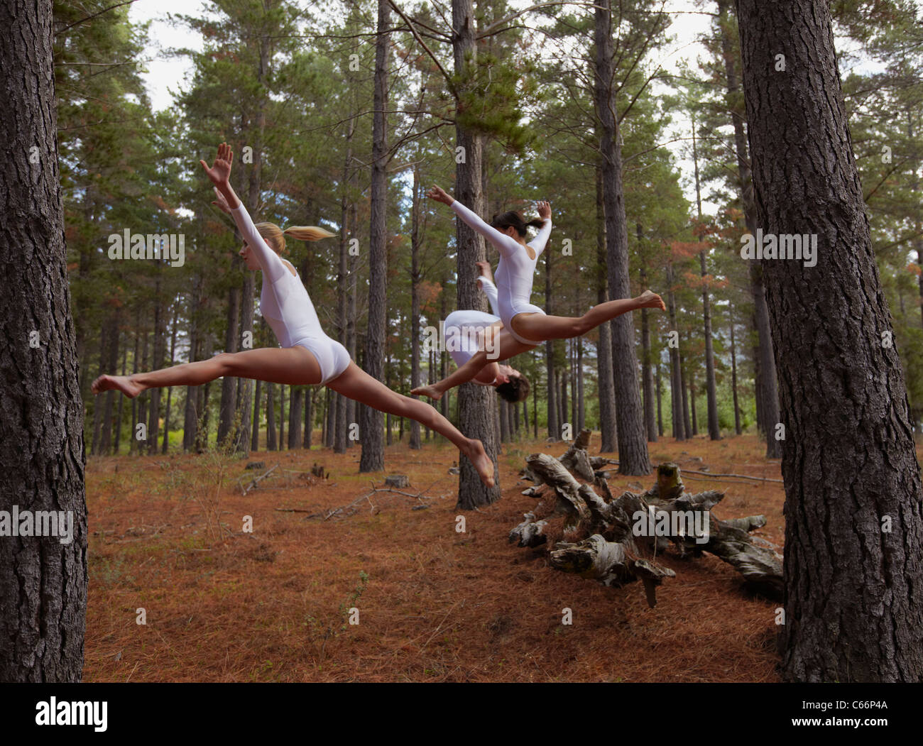Dancers jumping in forest Stock Photo