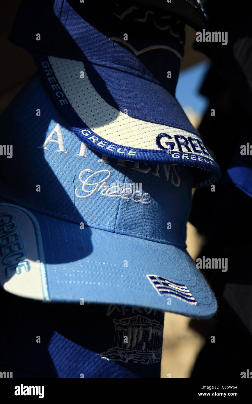 Greece baseball caps for sale in a souvenir shop in the Plaka