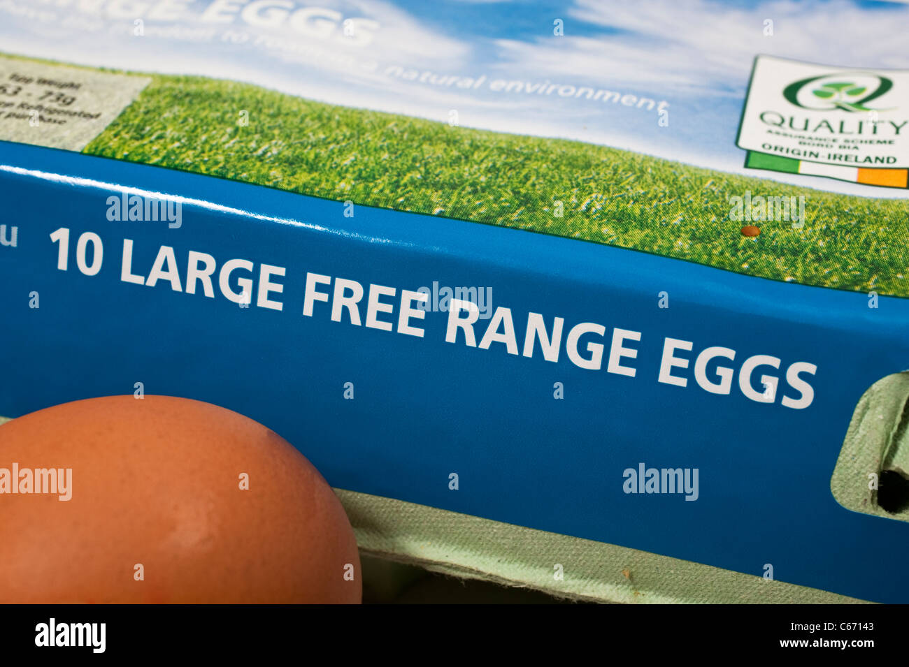 The packaging on a carton of free range hens eggs Stock Photo