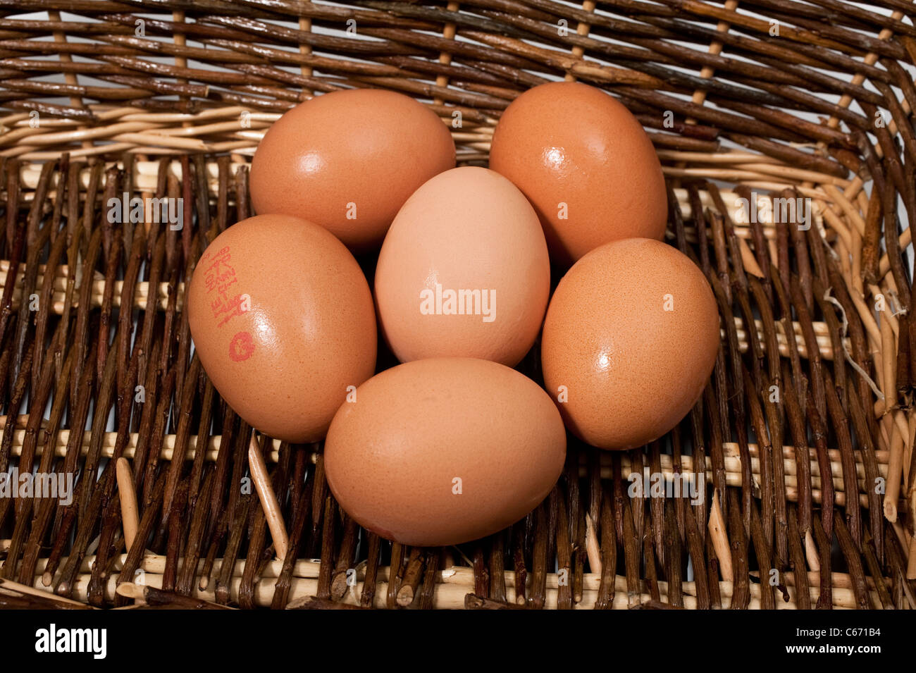 Six, half a dozen, hens eggs in a basket Stock Photo