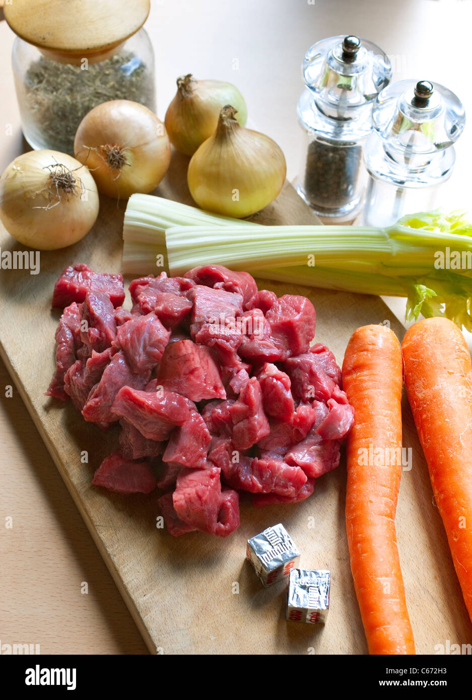 The raw ingredients of a beef stew Stock Photo Alamy