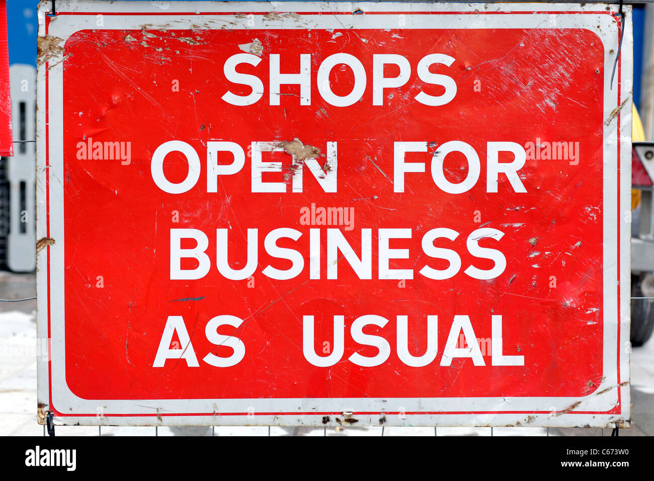 Construction sign - shops open for business as usual Stock Photo