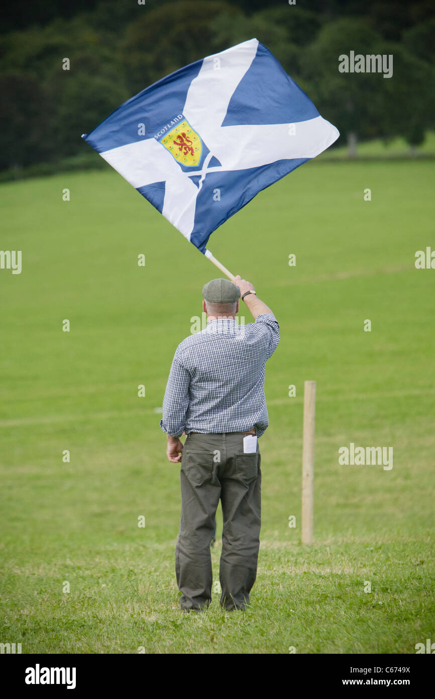 Man standing in field waving a saltire / St Andrews Cross - Scottish flag Stock Photo