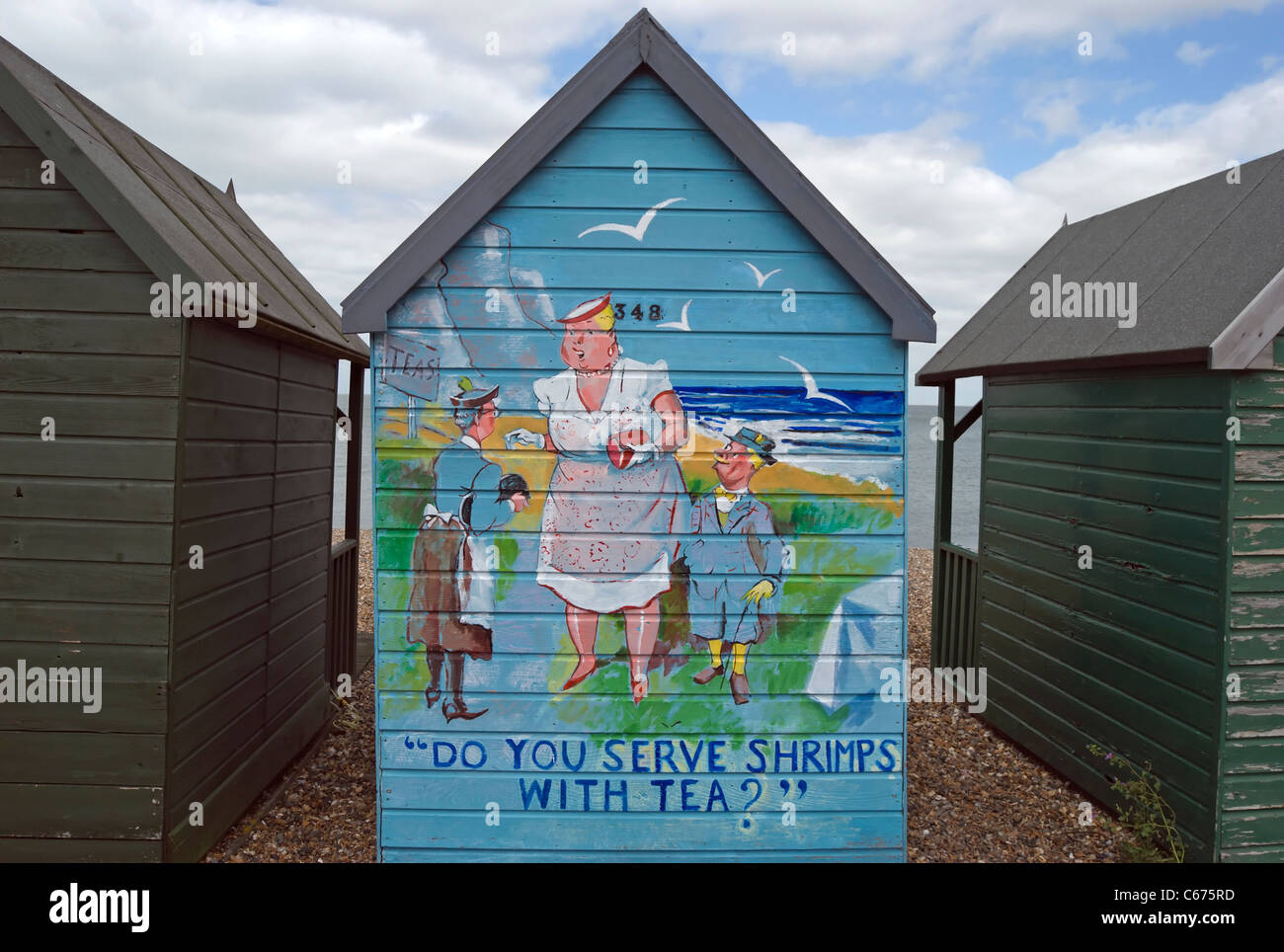 beach hut illustration in the style of a donald mcgill postcard, in herne bay, kent, england Stock Photo