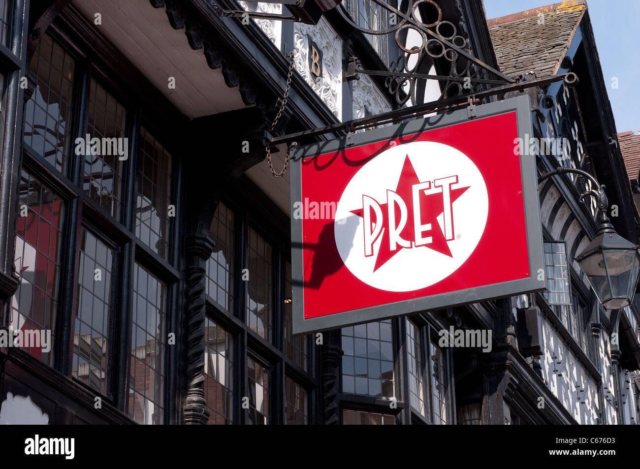 Sign outside Pret a Manger in the city of Chester, Cheshire, England. Stock Photo
