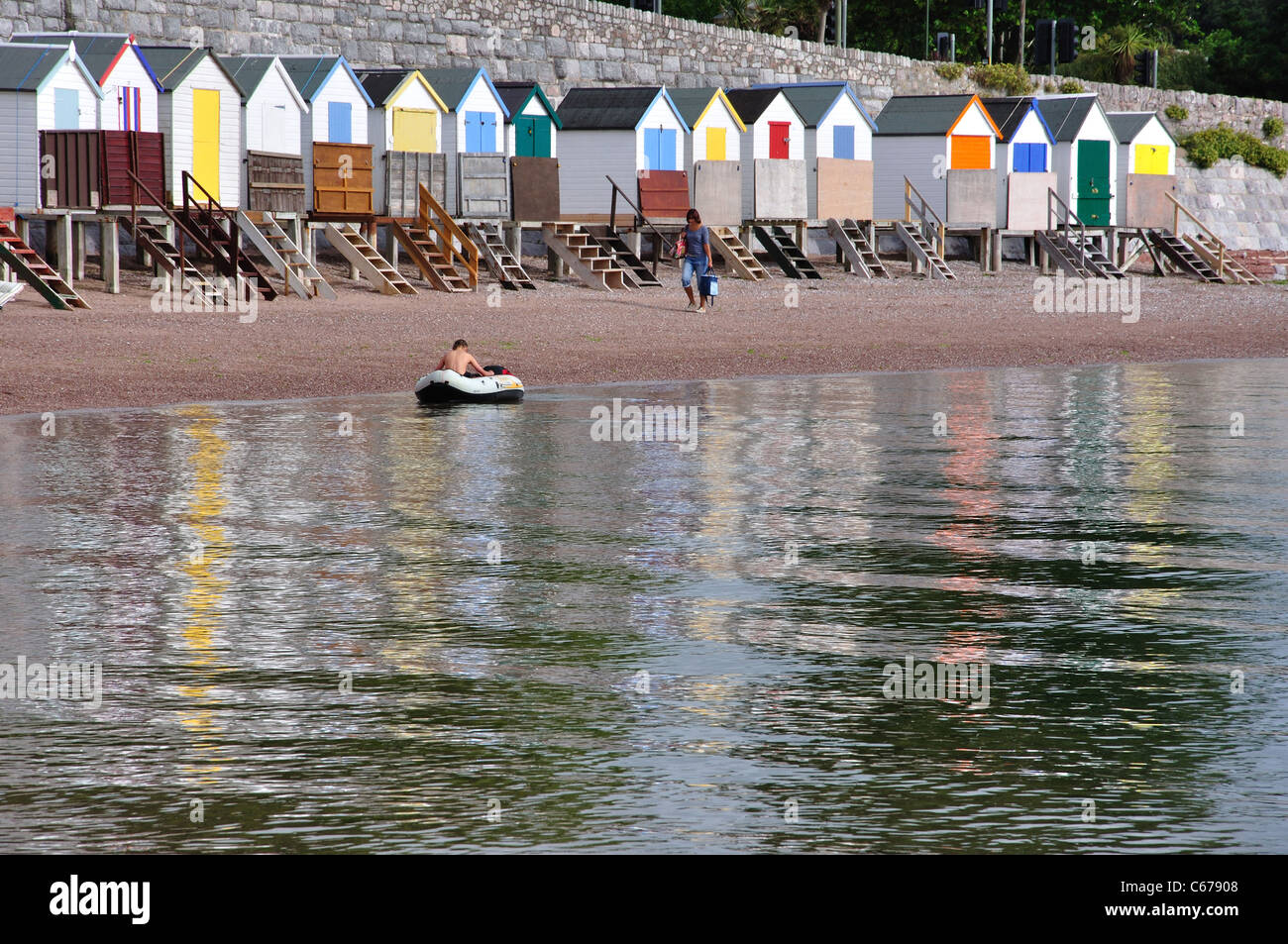Colourful beach huts, Corbyn's Beach, Torquay, Tor Bay, Devon, England, United Kingdom Stock Photo