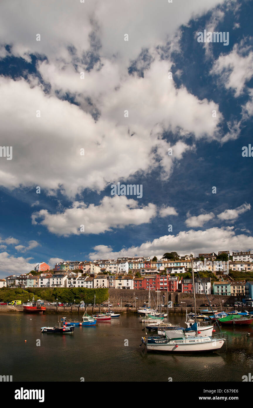 Colourful houses and boats in Brixham, Devon Stock Photo