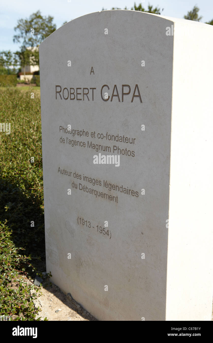 War Photographer, Robert Capa memorial near Bayeux War Cemetery, Normandy, France Stock Photo