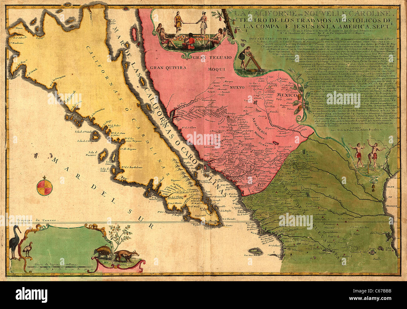 La Californie ou Nouvelle Caroline, 1720 - Vintage Antiquarian Map of California as an Island by Nicolas de Fer Stock Photo