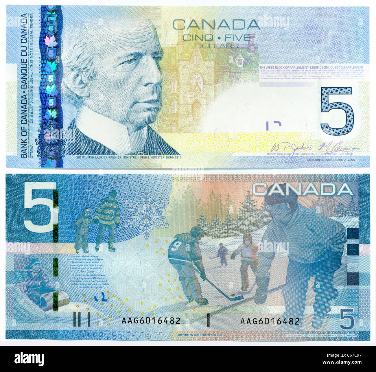 Front and back of a 2009 5 Canadian dollar banknote Stock Photo - Alamy