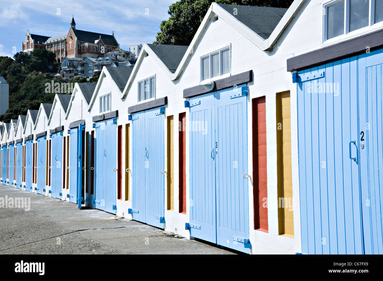 A  Line of Boat Sheds at The Royal Port Nicholson Yacht Club on the Waterfront Wellington North Island New Zealand NZ Stock Photo