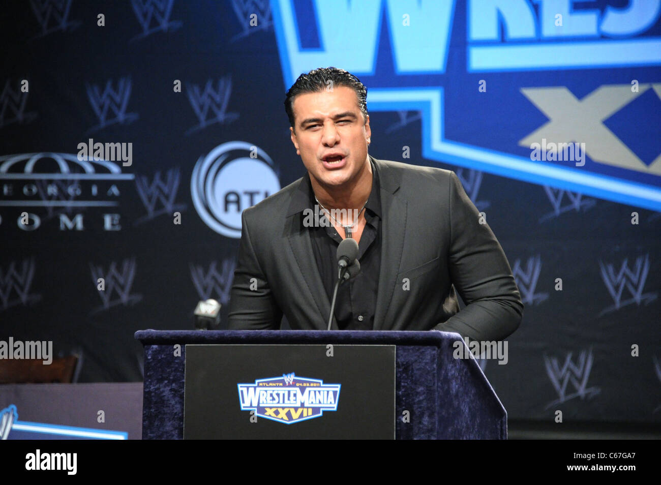 Dwayne The Rock Johnson, John Cena in attendance for WRESTLEMANIA XXVII  Press Conference, Hard Rock Cafe, New York, NY March 30, 2011. Photo By:  Rob Rich/Everett Collection Stock Photo - Alamy