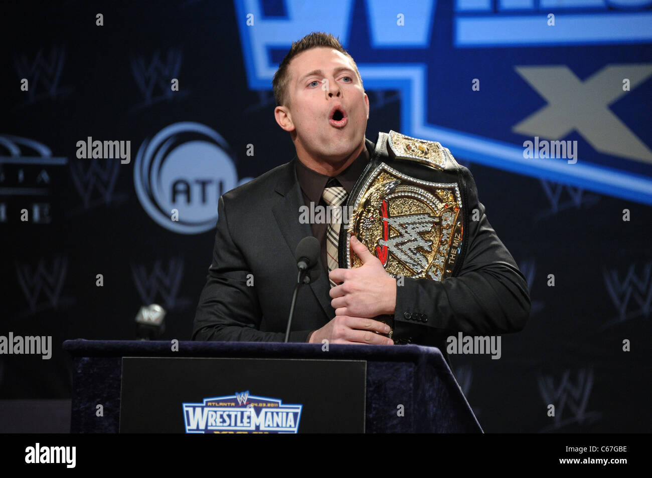 Dwayne The Rock Johnson, John Cena in attendance for WRESTLEMANIA XXVII  Press Conference, Hard Rock Cafe, New York, NY March 30, 2011. Photo By:  Rob Rich/Everett Collection Stock Photo - Alamy