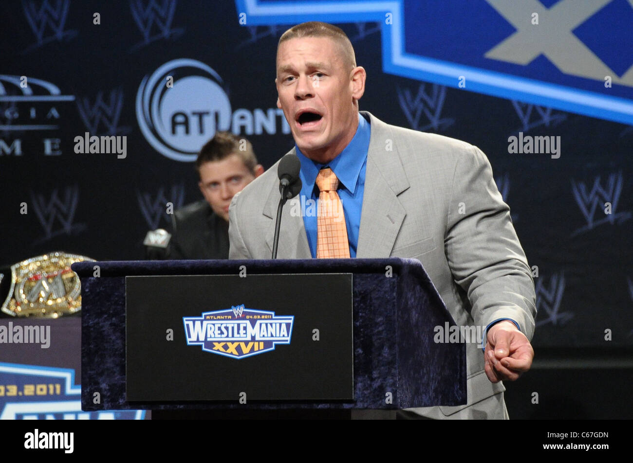 Dwayne The Rock Johnson, John Cena in attendance for WRESTLEMANIA XXVII  Press Conference, Hard Rock Cafe, New York, NY March 30, 2011. Photo By:  Rob Rich/Everett Collection Stock Photo - Alamy