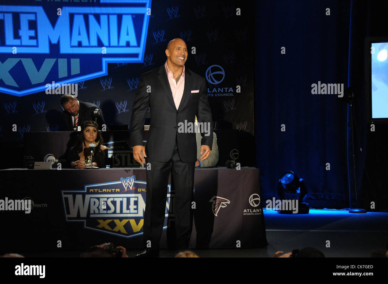 Dwayne The Rock Johnson, John Cena in attendance for WRESTLEMANIA XXVII  Press Conference, Hard Rock Cafe, New York, NY March 30, 2011. Photo By:  Rob Rich/Everett Collection Stock Photo - Alamy