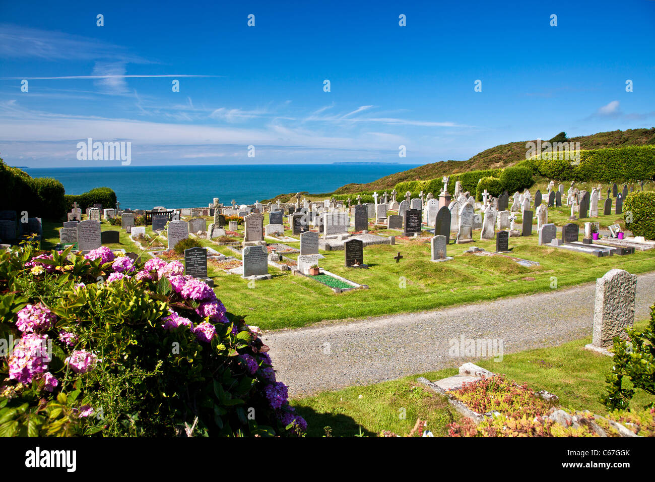 Cemetery at Morthoe overlooking Bristol Channel and Lundy Island, near Woolacombe, north Devon, England, UK Stock Photo