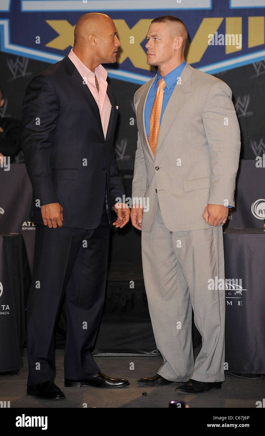 Dwayne Johnson, John Cena in attendance for WRESTLEMANIA XXVII Press ...