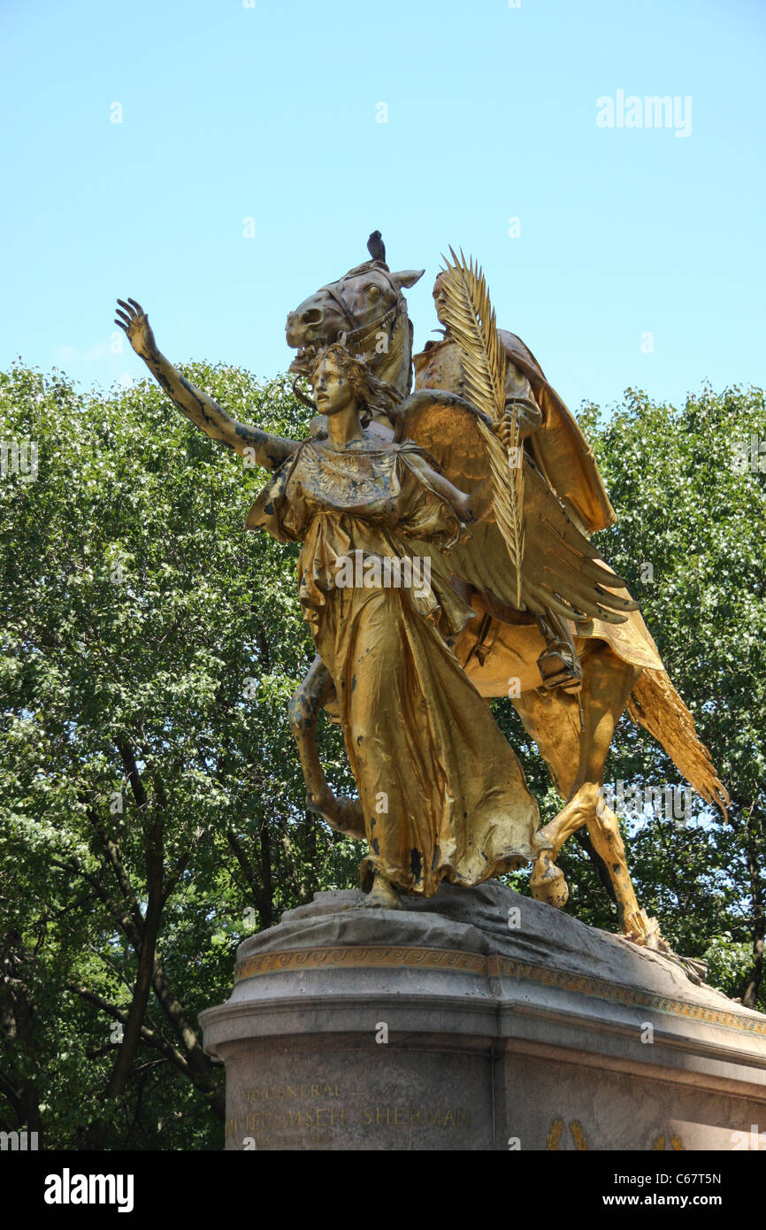 Statue in Grand Army plaza located at the southeast corner of Central Park. Statue is by Augustus Saint-Gaudens. Stock Photo
