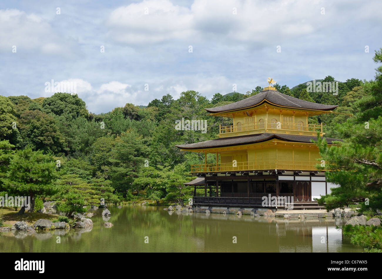 Temple of the Golden Pavilion, known a Kinkaku-ji, is a Buddhist Temple and a World Heritage Site in Kyoto, Japan. Stock Photo