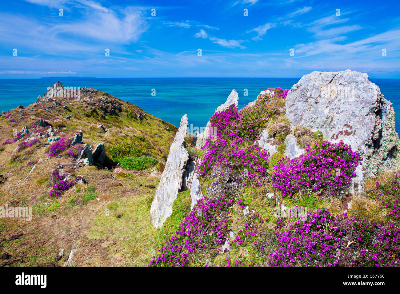 Morte Point near Morthoe, Woolacombe with a view over the Bristol Channel and Lundy Island, North Devon, England, UK Stock Photo