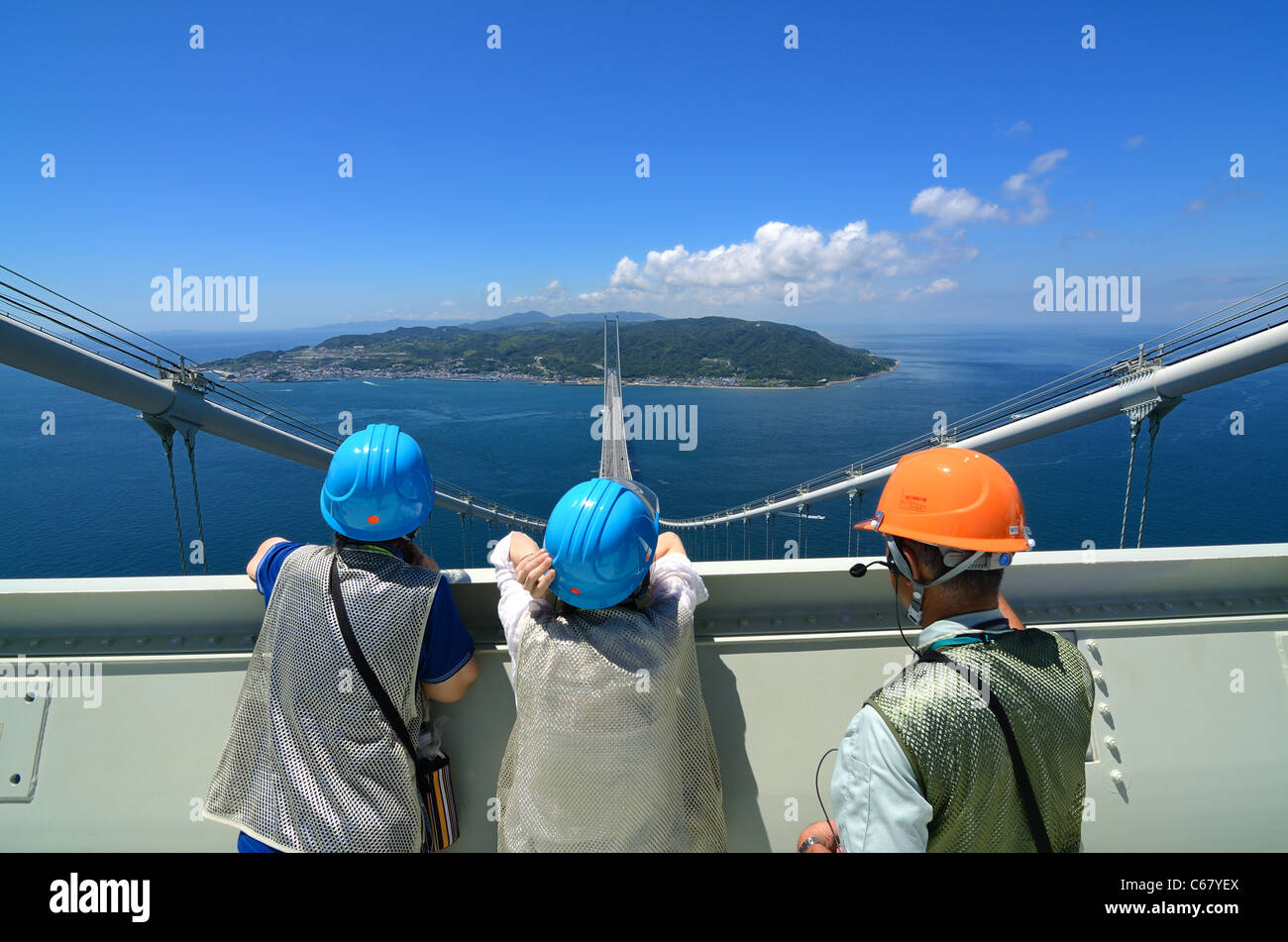 Participants in Bridge World Tour of Akashi Kaikyo Bridge in Kobe, Japan. Stock Photo