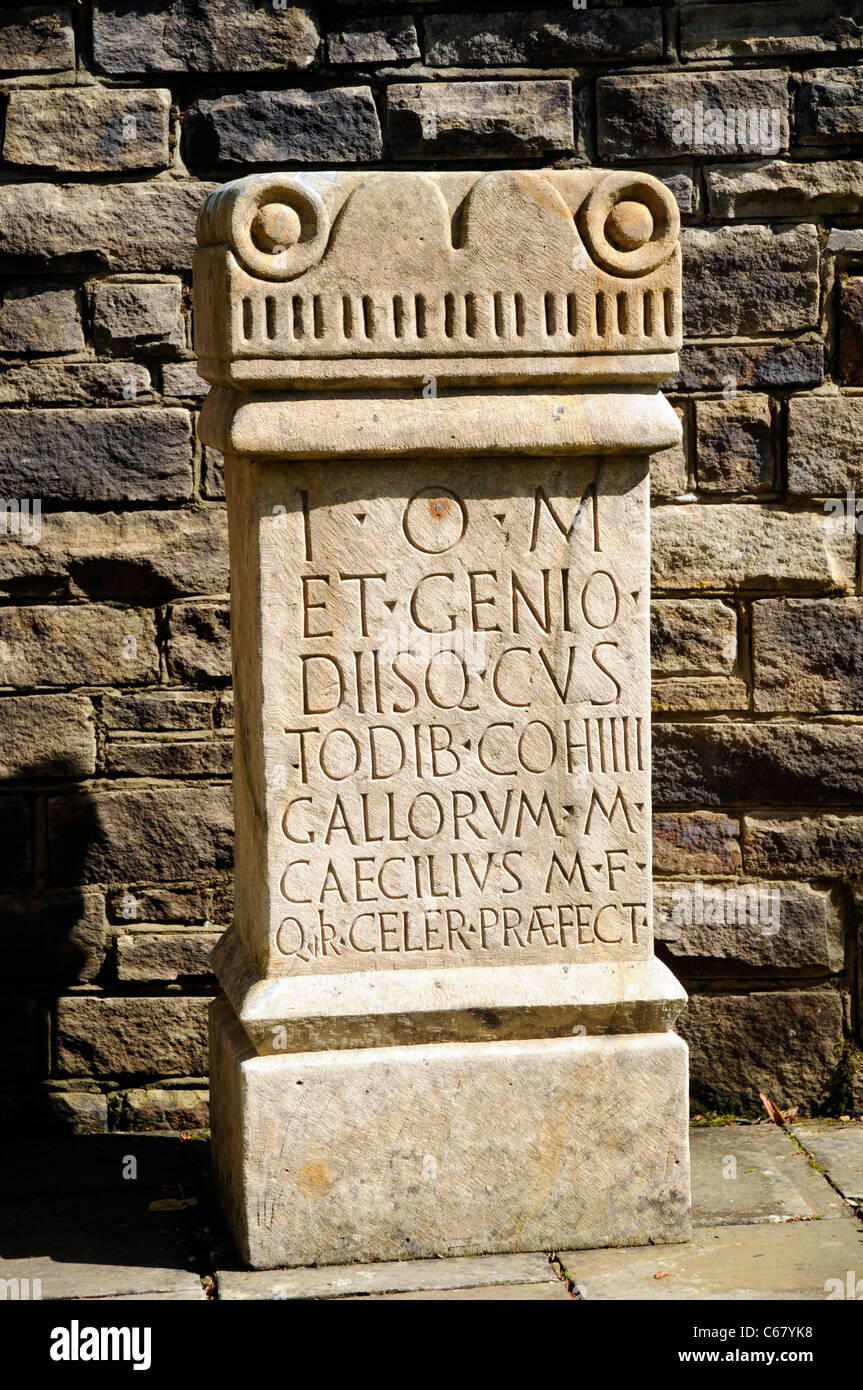 Replica Roman altar to Jupiter at Vindolanda Open Air Museum , near Hadrian's Wall, UK Stock Photo