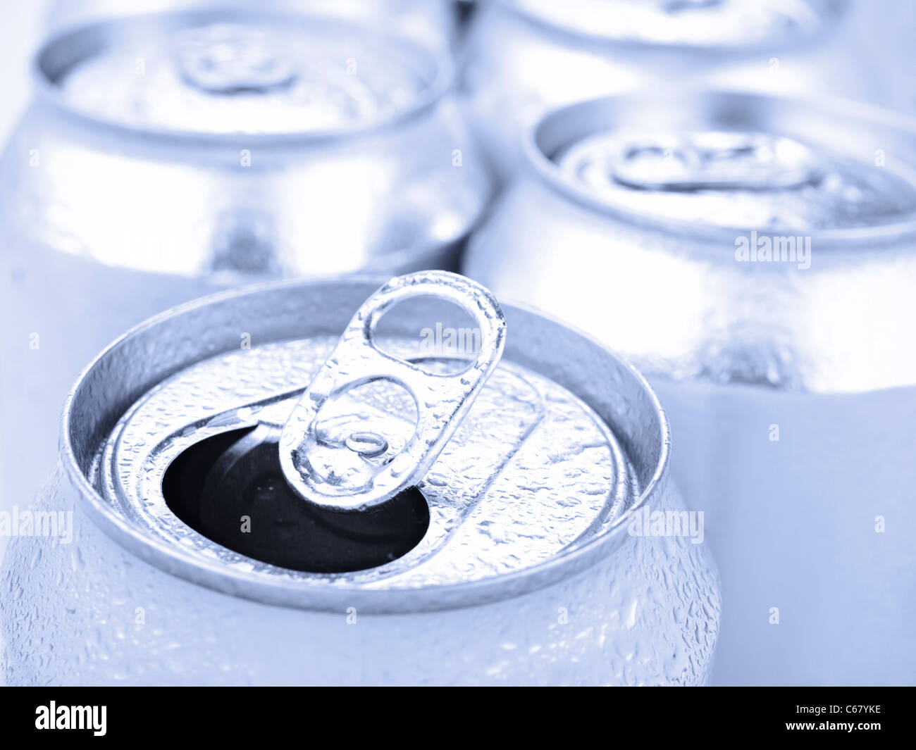 Close up view on a tin can with condensation. Shallow depth of field. Stock Photo