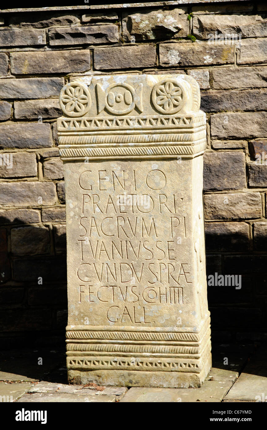 Replica Roman altar at Vindolanda Open Air Museum , near Hadrian's Wall, UK Stock Photo