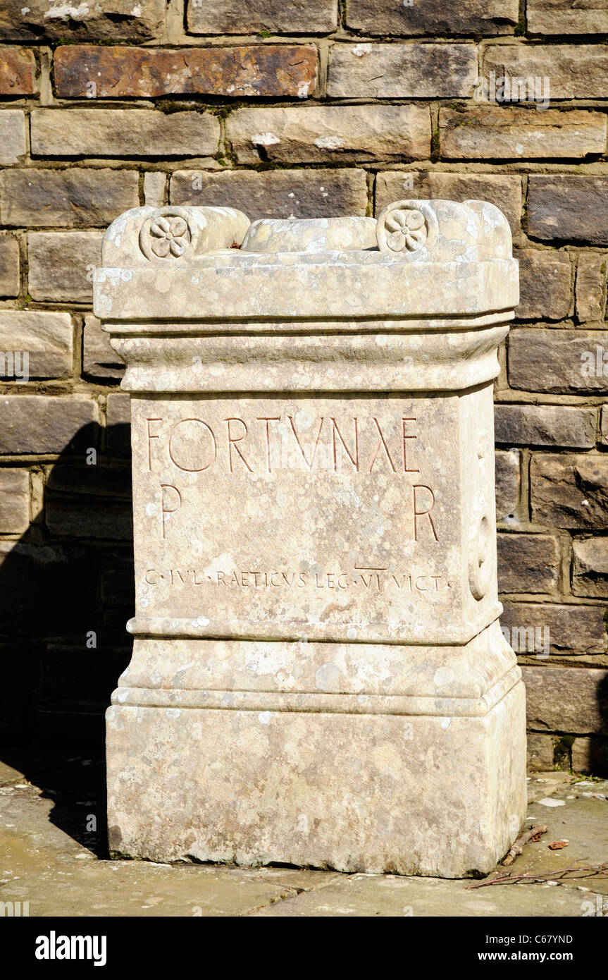 Replica altar to the Roman goddess Fortuna at Vindolanda Open Air Museum , near Hadrian's Wall, UK Stock Photo
