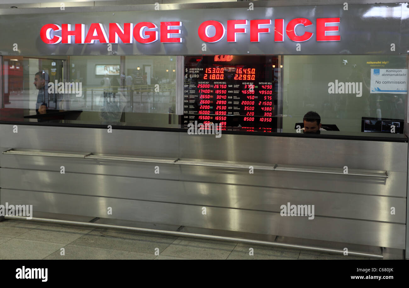 Exchange office at the airport, Istanbul Turkey Stock Photo