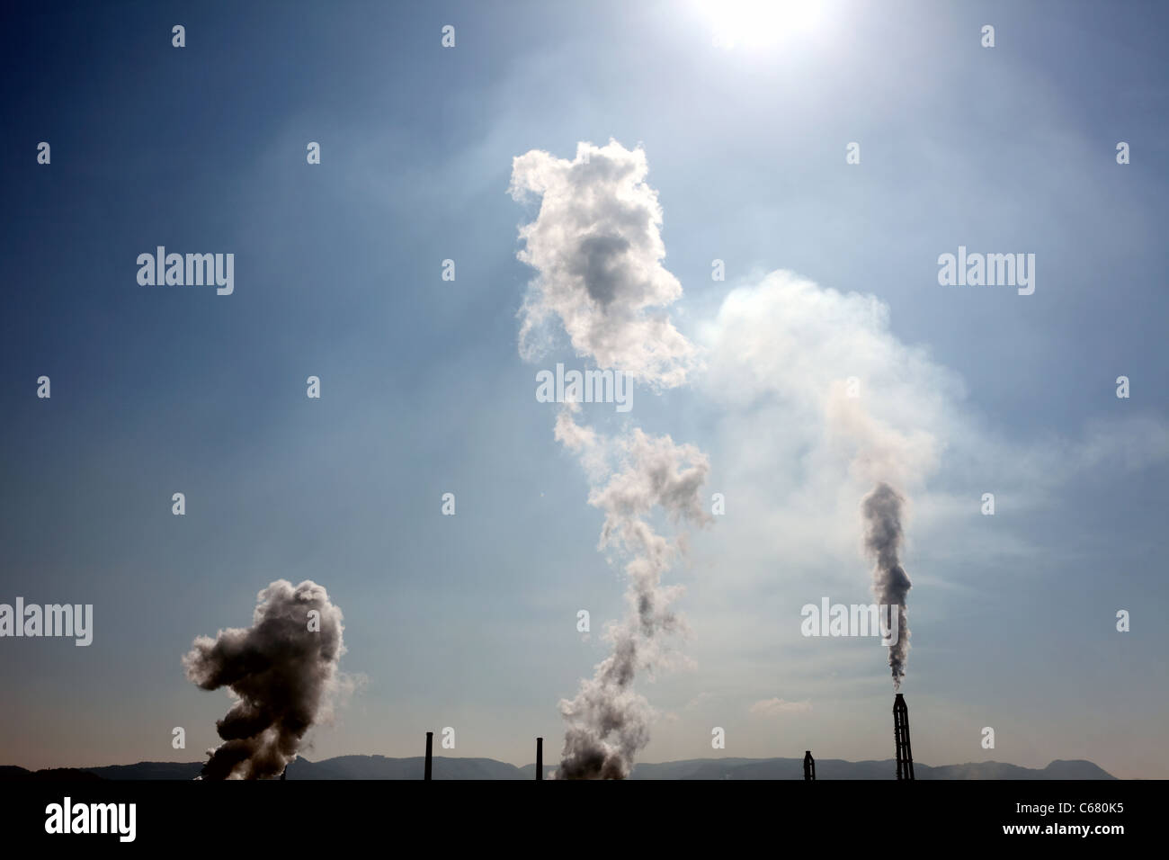 Industrial plant with smoke stacks, Industrial area Stock Photo