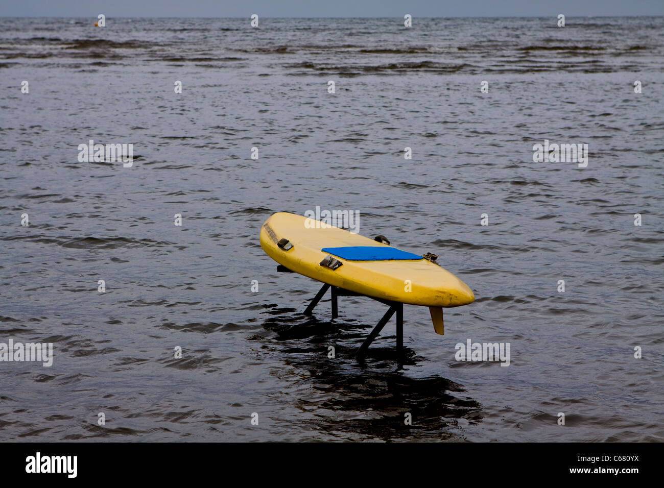 Lifeguard surf board on Parlee Beach, Moncton, New Brunswick, Canada. Stock Photo