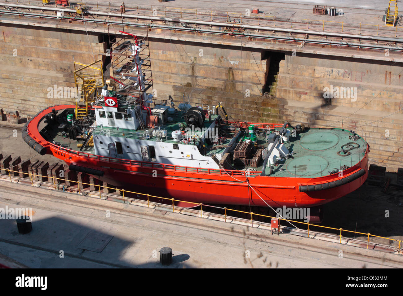 The tug Mari undergoing maintenance in dry dock in Malta Stock Photo