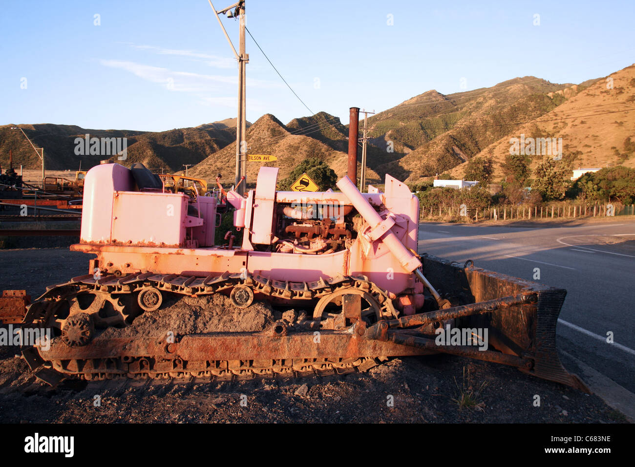 Pink bulldozer used to haul fishing boats out of the ocean. Palliser Bay, Wairarapa, North Island, New Zealand, Australasia Stock Photo