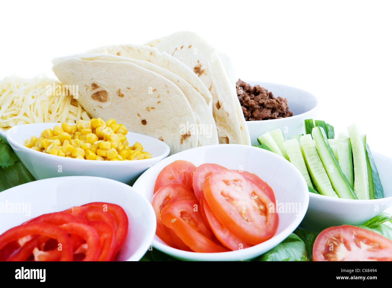 A layout of taco ingredients isolated on white Stock Photo Alamy