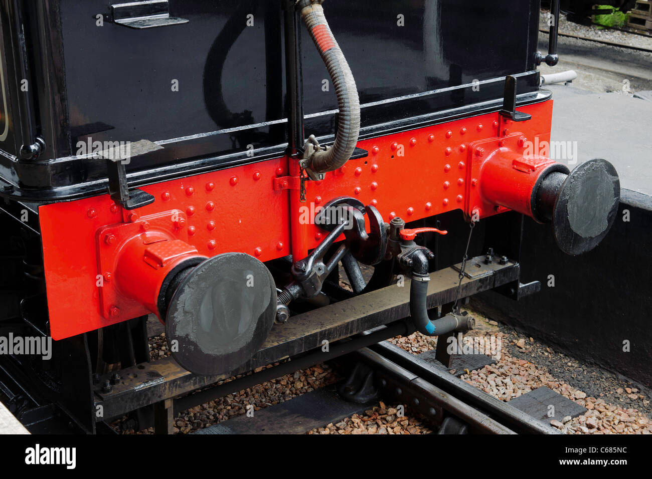 Close up detail of buffers and coupling of a steam Stock